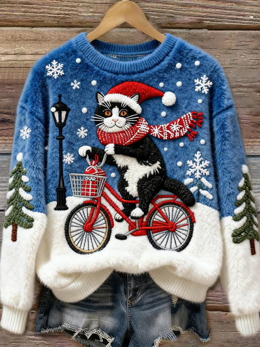 Comstylish Christmas Bicycle Cat Women's Cozy Plush Sweater