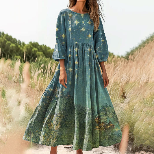 Women's Starry Woods Pattern Art Print Cotton Crew Neck Dress