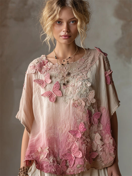 Pink Butterflies Embroidered Gradient Flowy Linen Shirt artswardrobe