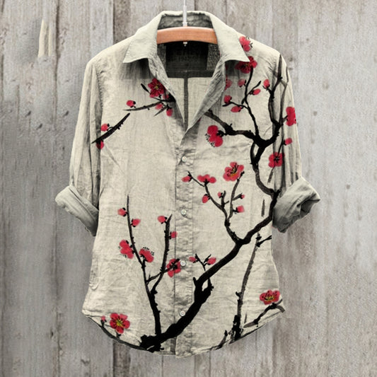 Comstylish Plum Blossom Art Print Long Sleeve Cotton And Linen Shirt