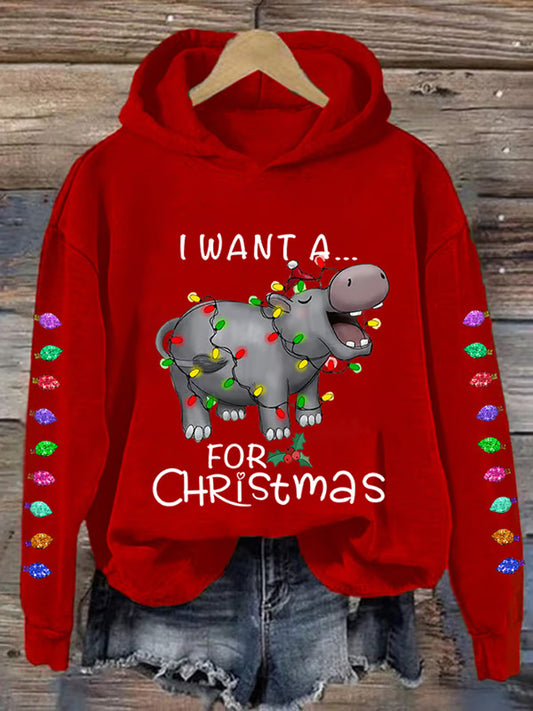 Comstylish Women's I Want A Cute Hippopotamus For Christmas Holiday Gift Casual Hoodie