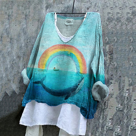 Vintage Fantasy Whale In Rainbow Dreamy Art Pattern Linen Blend Tunic artswardrobe