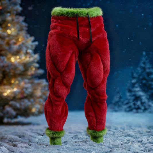 Men's Santa Claus Color Block Cosplay Plush Casual Pants artswardrobe