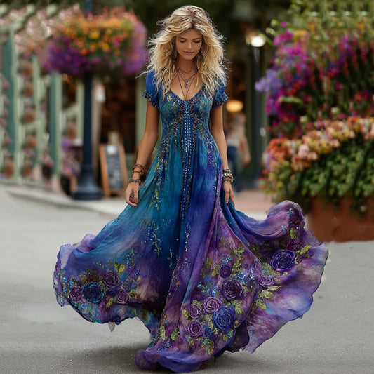 Women's Vintage Floral Art Linen V Neck Dress artswardrobe