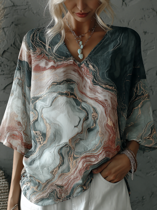 Vintage Marble Texture Collection Bohemia Women Style Gradient Gilded Pattern Linen T-shirt artswardrobe