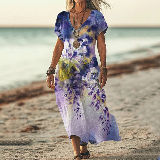 Vintage Purple Floral Art Pattern Casual Maxi Dress artswardrobe