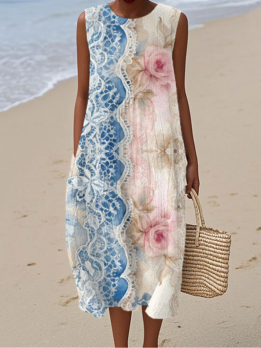 Vintage Lace Floral Pattern Women's Linen Vest Dress artswardrobe