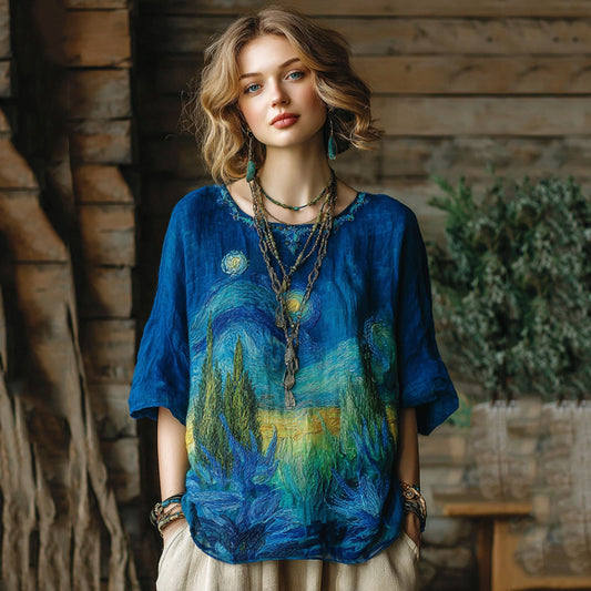 Vintage Oil Painting Inspiration Floral Embroidered Flowy Linen Shirt