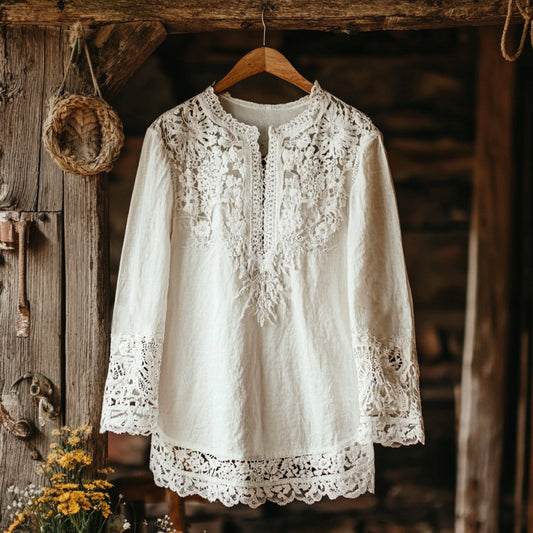 Comstylish Elegant Lace Embroidery Tassel Art Long Sleeve V-neck Shirt