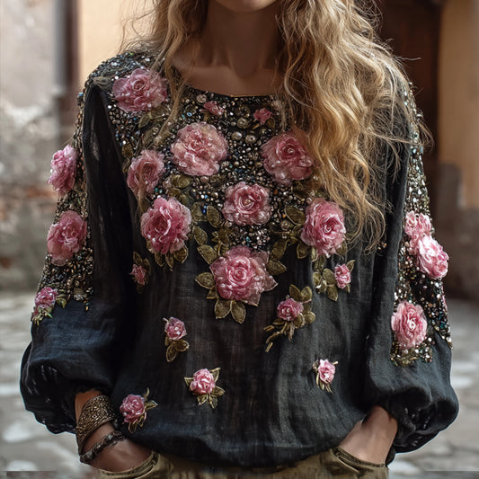 Comstylish Bohemian Style Casual Embroidered Flower Long-sleeved Shirt