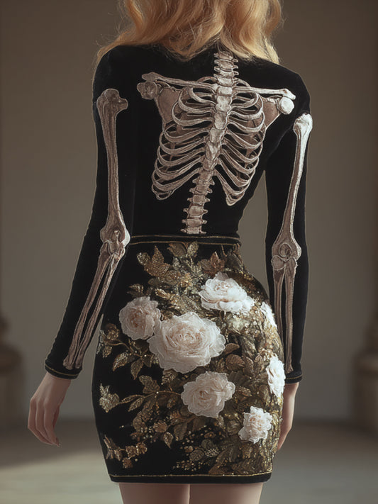 Comstylish Women Halloween Human Anatomy Art Flower Round Neck Long Sleeve Skirt