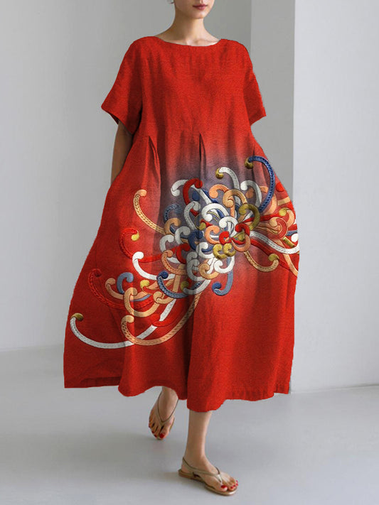 Comstylish Embroidered Japanese Flower Art Linen Blend Maxi Dress