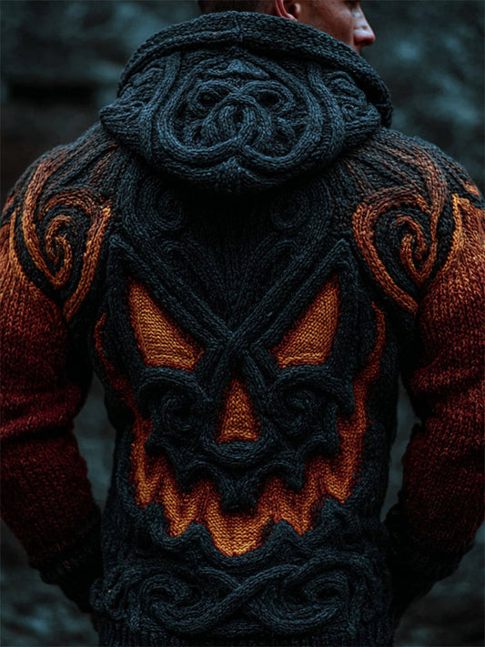 Men's Spooky Pumpkin Viking Celtic Cozy Chunky Hooded Full Zip Cardigan elevenforest