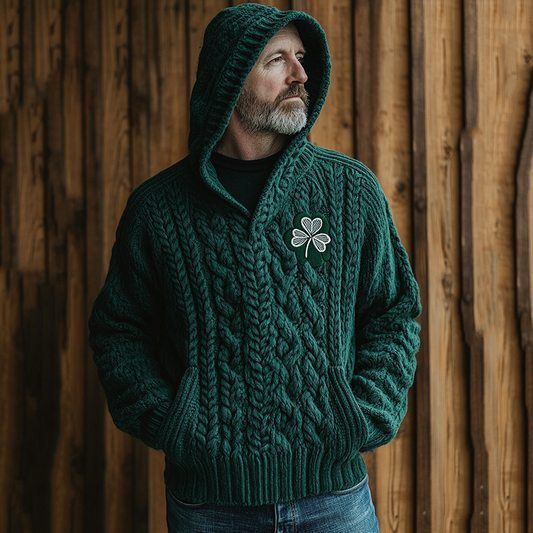 St. Patrick's Day Shamrock Jacquard Knit Hooded Sweater elevenforest