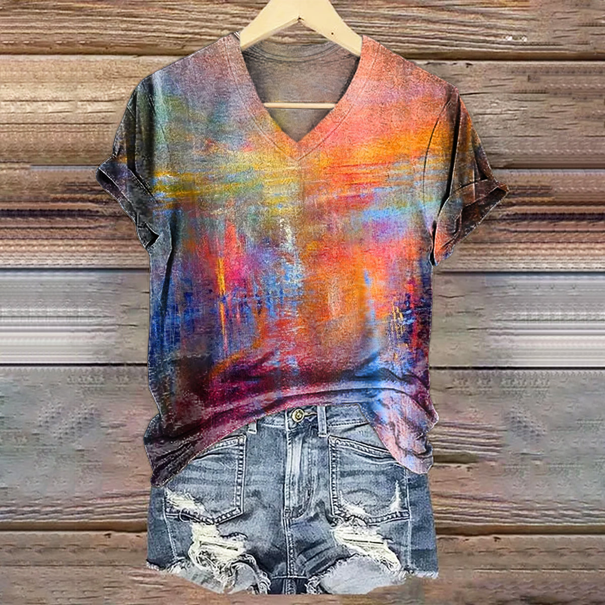 Women's Colorful Pattern Art Print V-Neck Casual T-Shirt