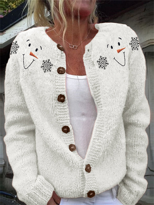 Christmas Snowman Faces & Snowflakes Yoke Embroidered Cozy Cardigan artswardrobe