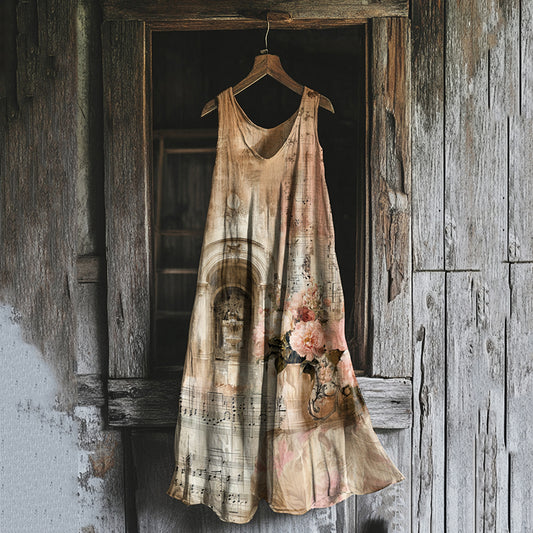 Vintage Floral Art Print Linen Blend Tank Dress artswardrobe
