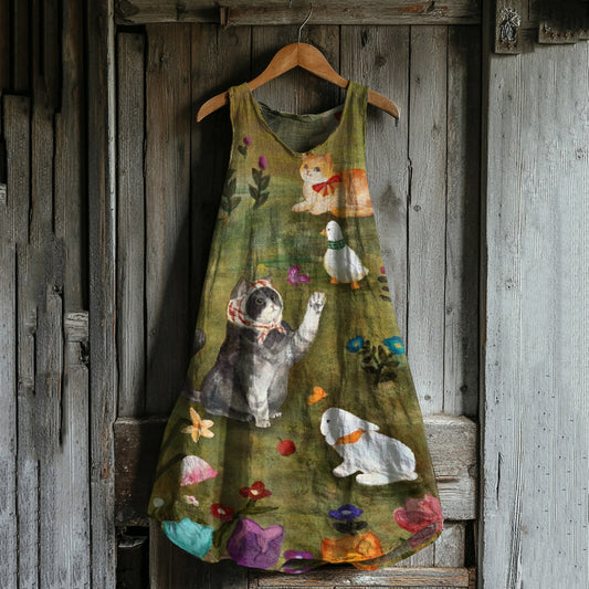 Abstract Creative Cute Cats And Farm Family Art Linen Blend Tank Dress elevenforest