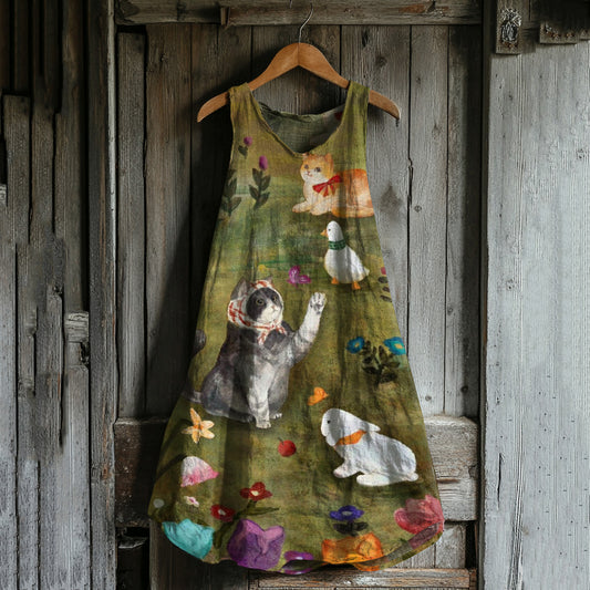 Comstylish Abstract Creative Cute Cats And Farm Family Art Linen Blend Tank Dress