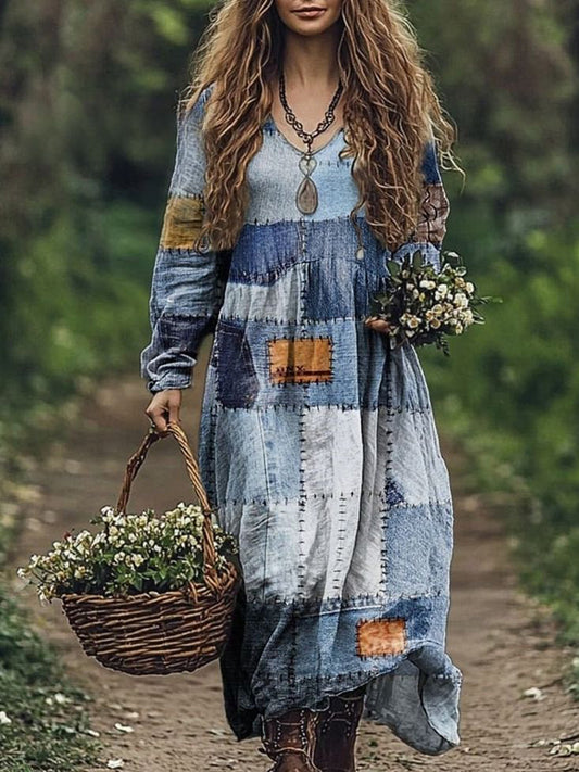 Geometric Denim Patchwork Pattern Women's Flowy Maxi Dress artswardrobe