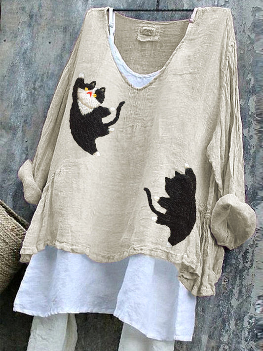 Cats Embroidery Pattern Linen Blend Casual Vintage Shirt elevenforest