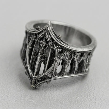 Gothic Arched Filigree Oxidised Silver Statement Ring