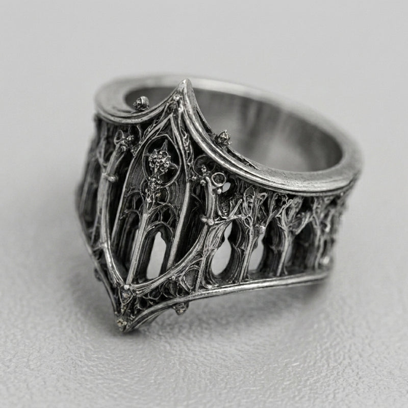Gothic Arched Filigree Oxidised Silver Statement Ring