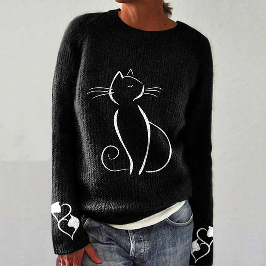 Women's Cute Cat Art Print Cozy Sweater elevenforest