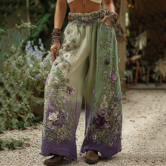 Classy Purple Lavender And Floral Embroidered Art Linen Pants artswardrobe