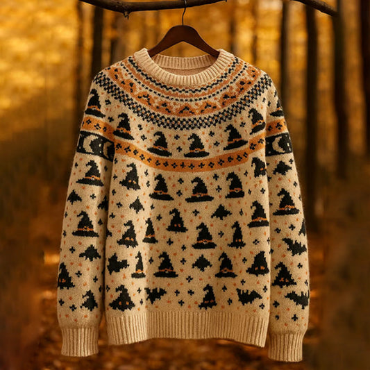 Women's Retro Cat Death Bat Fair Isle Style Halloween Print Sweater elevenforest