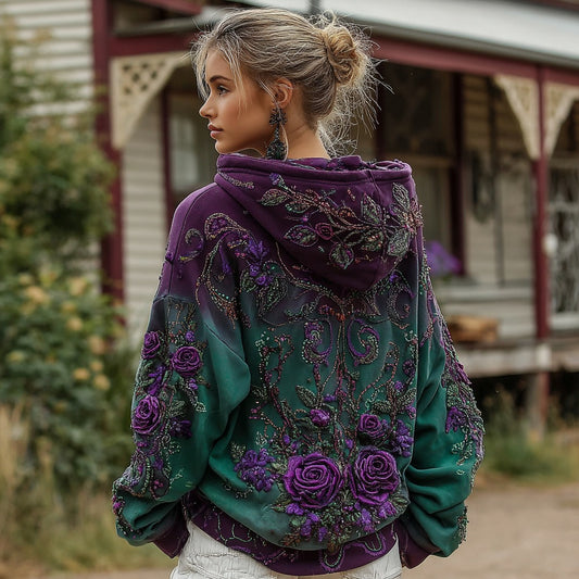 Women's Retro Purple Rose Gradient Pattern Casual Hoodie