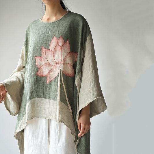 Comstylish Vintage Classy Lotus Art Linen Blend Tunic