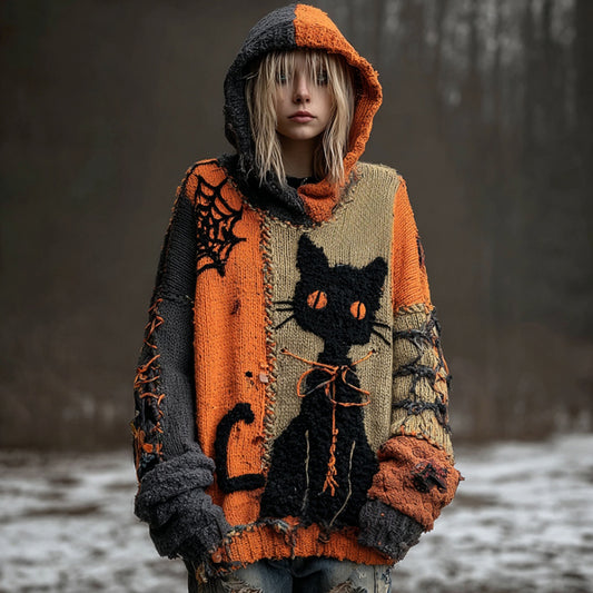 Comstylish Women's Black Cat Patchwork Stitched Cozy Knit Hooded