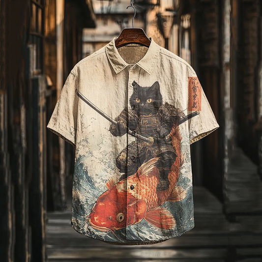 Men's Black Cat Warrior Riding Koi Art Casual Short Sleeve Shirts elevenforest