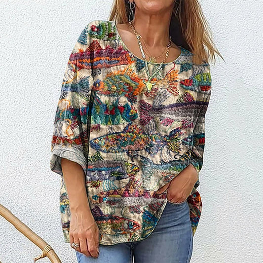 Comstylish Women's Retro Ethnic Fish Patchwork Art Print Shirt