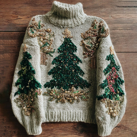 Women's White Christmas Decorations Art High Neck Sweater artswardrobe