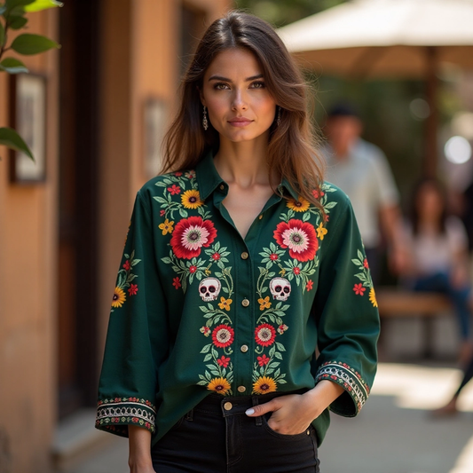 Comstylish Classy Mexican Day Of The Dead Inspired Art Printed Linen Long Sleeve Shirt