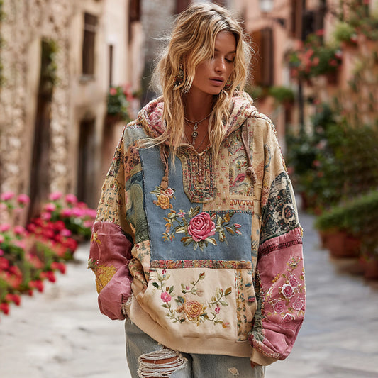 Comstylish Women's Vintage Bohemian Floral And Rose Patchwork Cozy Warm Hoodie