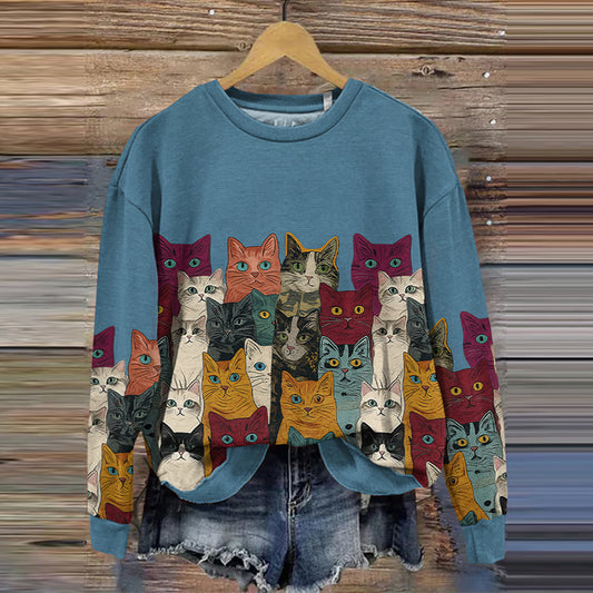 Comstylish Women's Vintage Abstract Colored Cat Art Sweatshirt