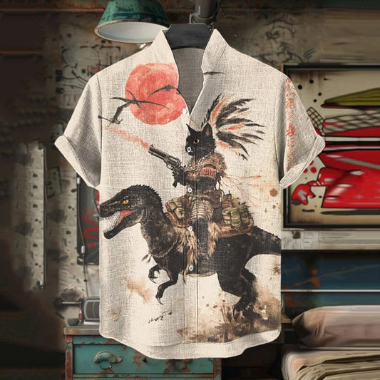 Men's Retro Tribal Black Cat Rides A Dinosaur Print Short Sleeve Shirt elevenforest
