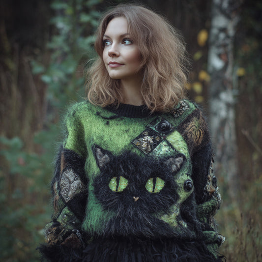 Comstylish Women's Casual Vintage Halloween Black Cat Embroidered Sweater