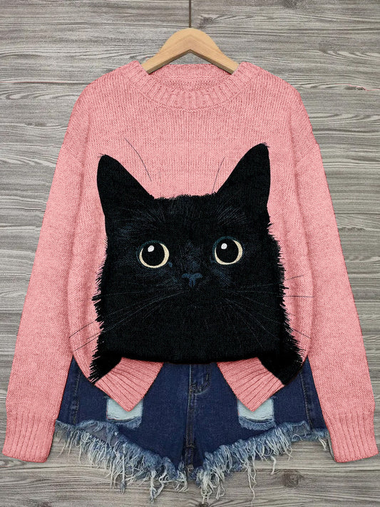 Cute Black Cat Pattern Cozy Knit Sweater elevenforest