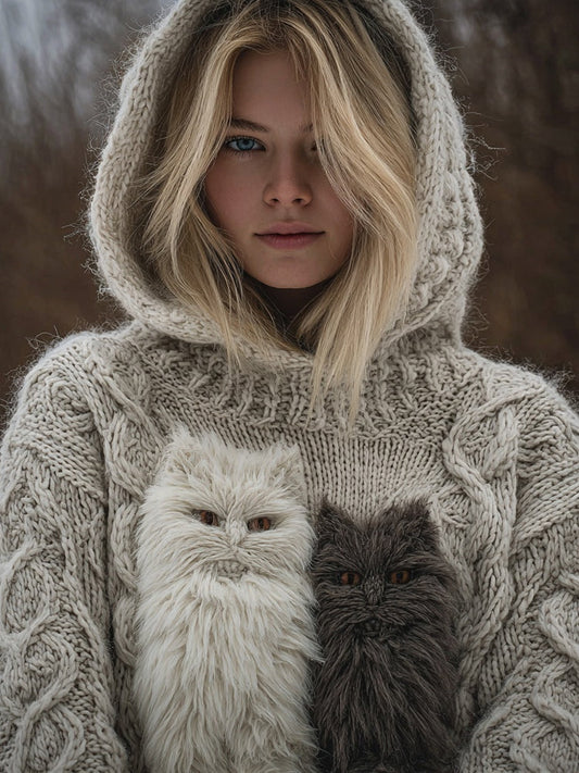 Cute Fuzzy Cats Embroidered Cozy Hooded Sweater elevenforest