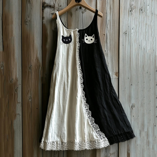 Comstylish Vintage Black Cat Lace Art Color Block Linen Tank Dress