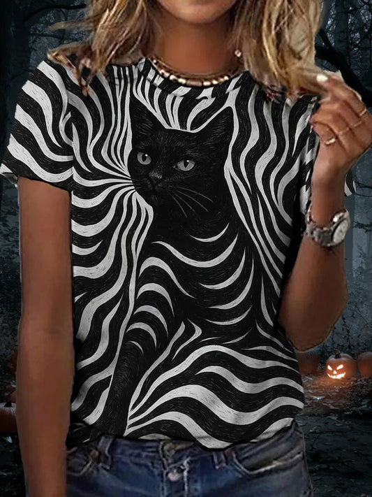 Women's Halloween Black Cat Stripes Print Casual Tee elevenforest