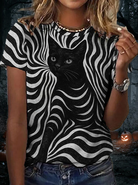Comstylish Women's Halloween Black Cat Stripes Print Casual Tee