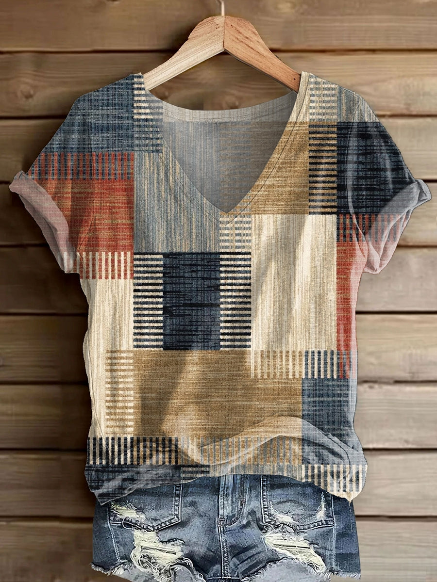 Women's Retro Geometric Art Print Casual V-Neck Cotton T-Shirt