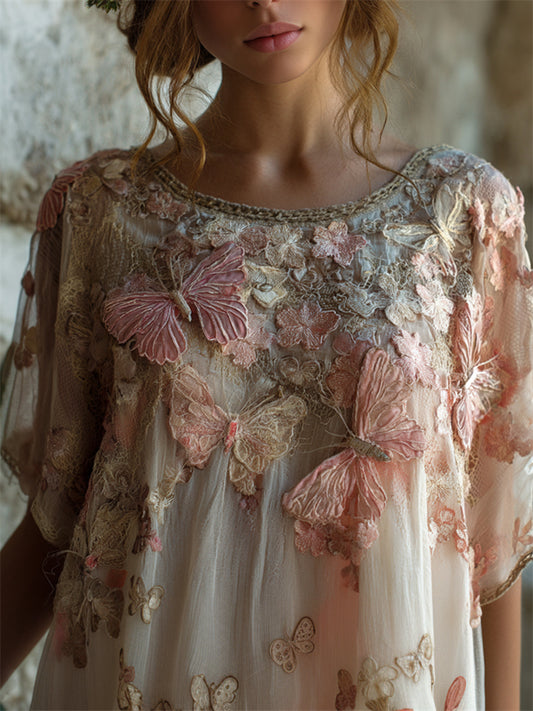 Boho Pink Butterflies Glitter Embroidered Flowy Linen Tunic artswardrobe