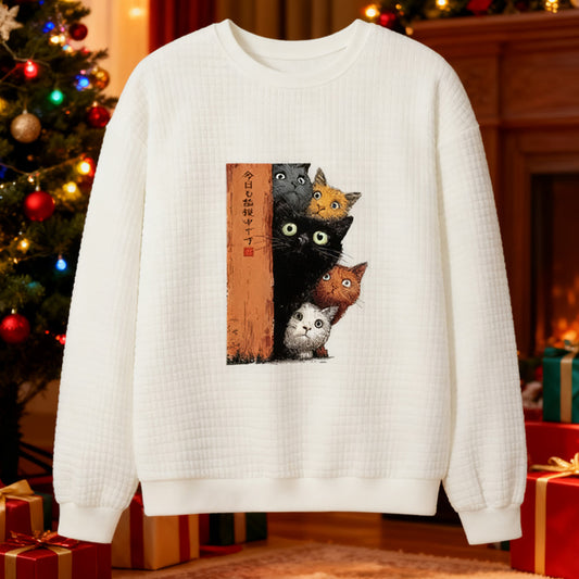 Comstylish Japanese Art Funny Black Cat Print Waffle Sweatshirt