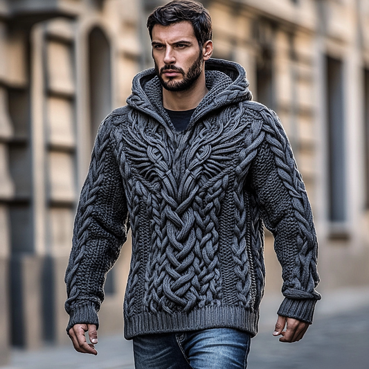 Men's Viking Dragon Celtic Jacquard Chunky Knitted Cozy Hooded Sweater elevenforest